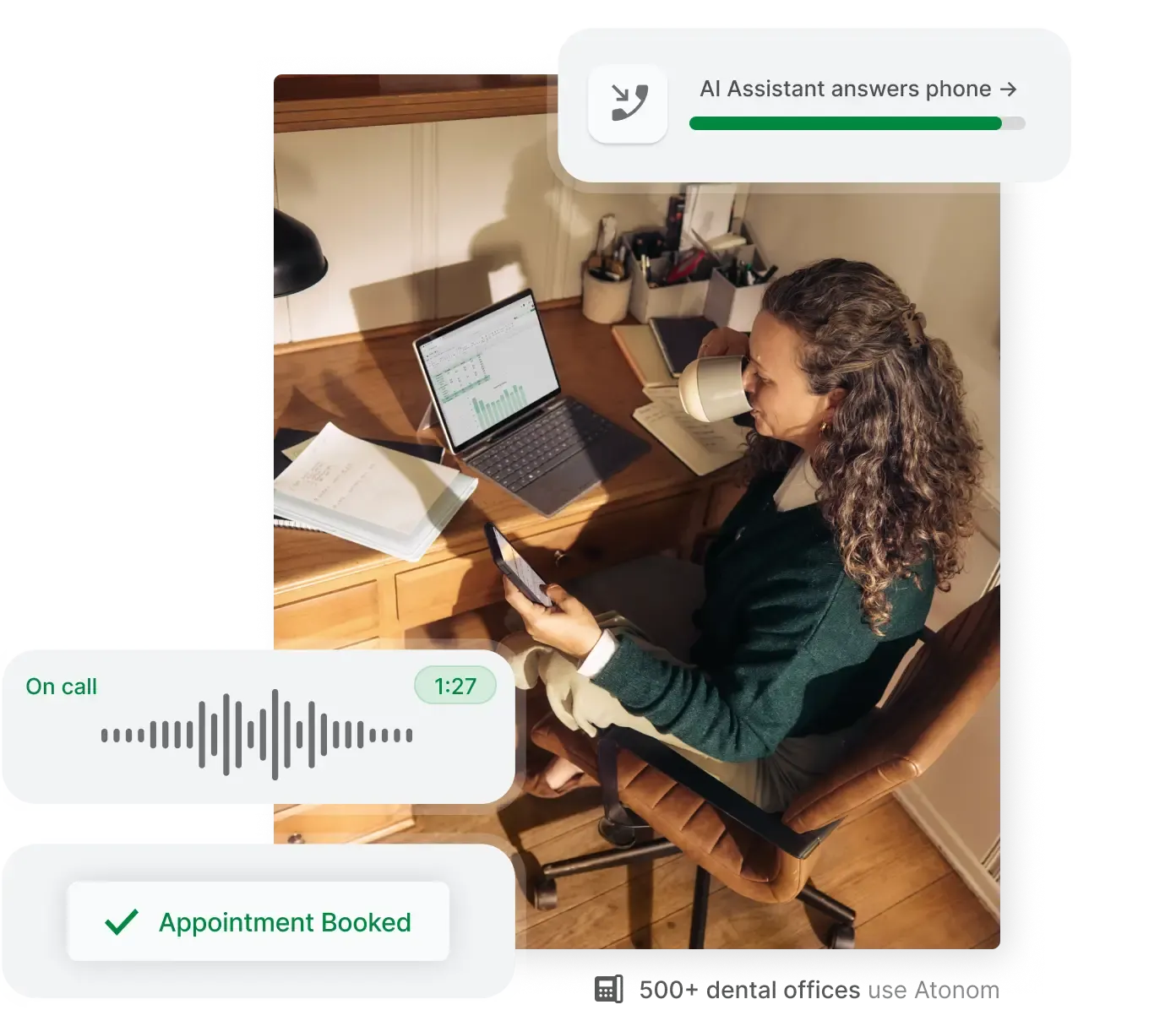 Dental office manager reviewing a laptop while an AI receptionist answers a patient call and books an appointment