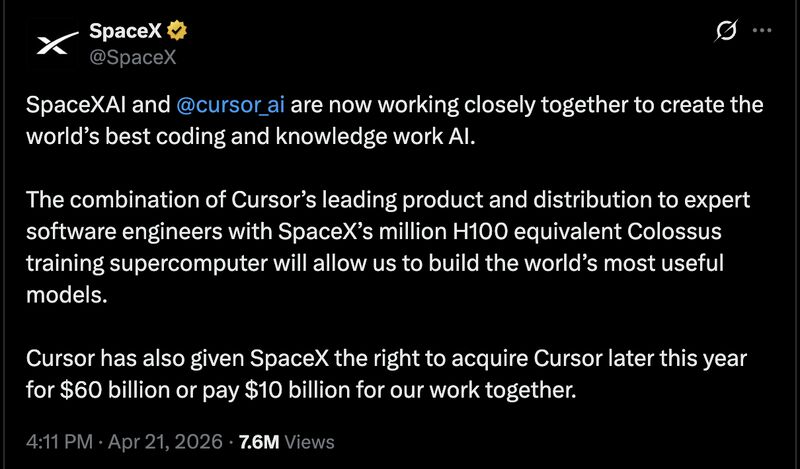 Tweet on SpaceXAI and Cursor's partnership